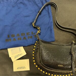 Isabel Marant Black Leather Crescent Shoulder Bag with Brass Stud Accents